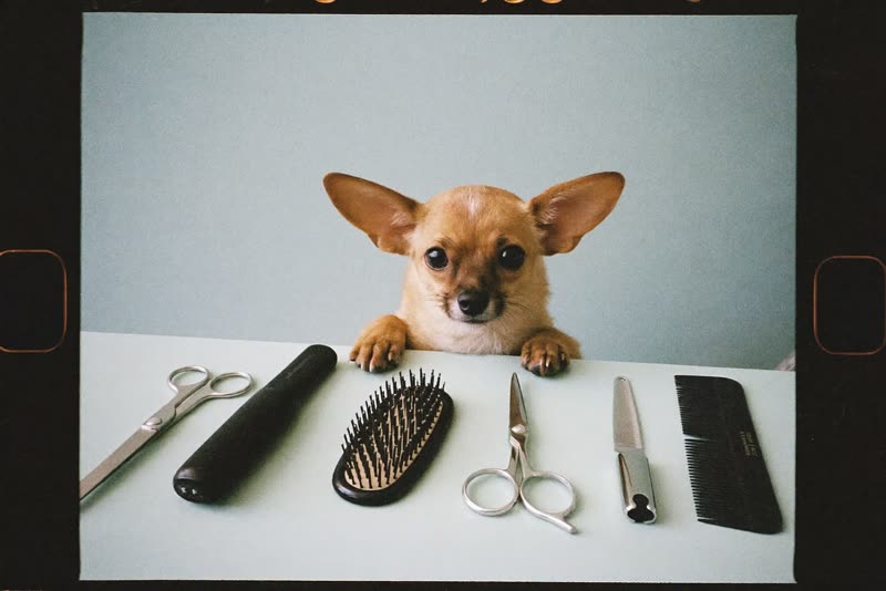 Grooming tools laid out on a clean worktop