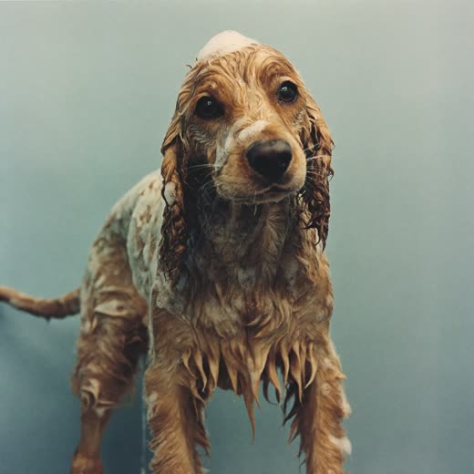 A wet spaniel being bathed, suds on its coat